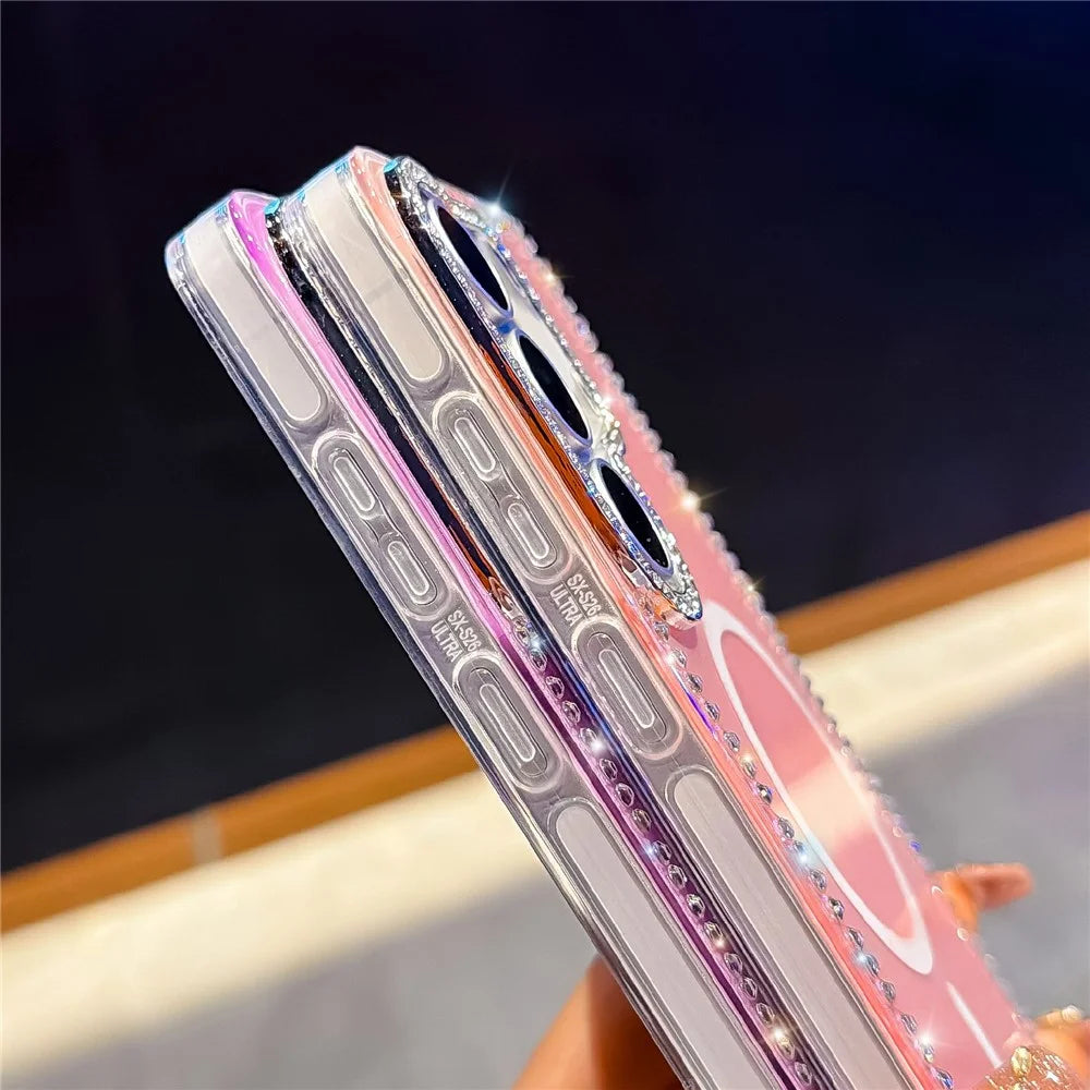 For Samsung Galaxy S24 Ultra Magnetic Case Rhinestone Edge Glitter Back TPU + PC IMD Phone Cover - Glitter Transparent - 4