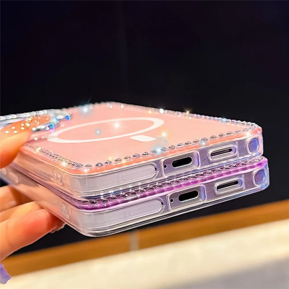 For Samsung Galaxy S24 Ultra Magnetic Case Rhinestone Edge Glitter Back TPU + PC IMD Phone Cover - Glitter Transparent - 5