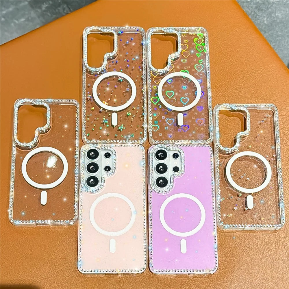 For Samsung Galaxy S24 Ultra Magnetic Case Rhinestone Edge Glitter Back TPU + PC IMD Phone Cover - Glitter Transparent - 6