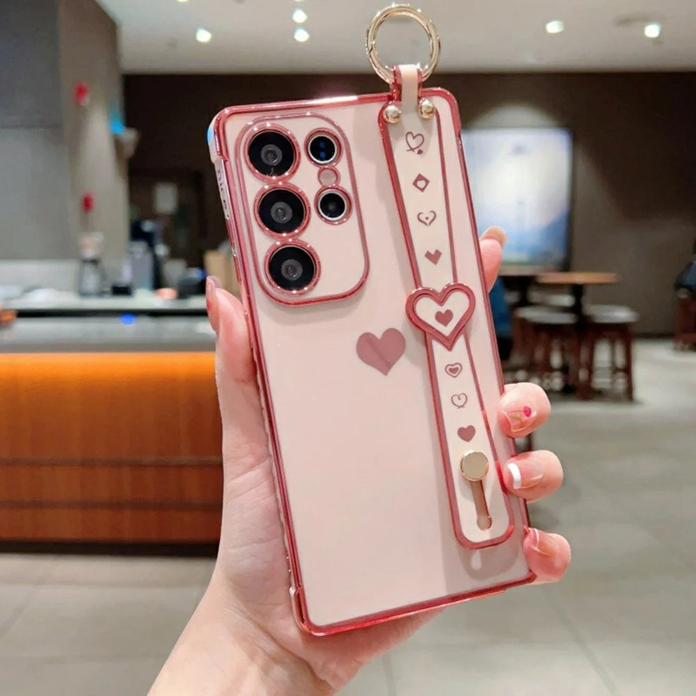 For Samsung Galaxy S26 Ultra Case Wristband Kickstand Electroplated Love Heart TPU Phone Cover Finger Holder - Pink - 1