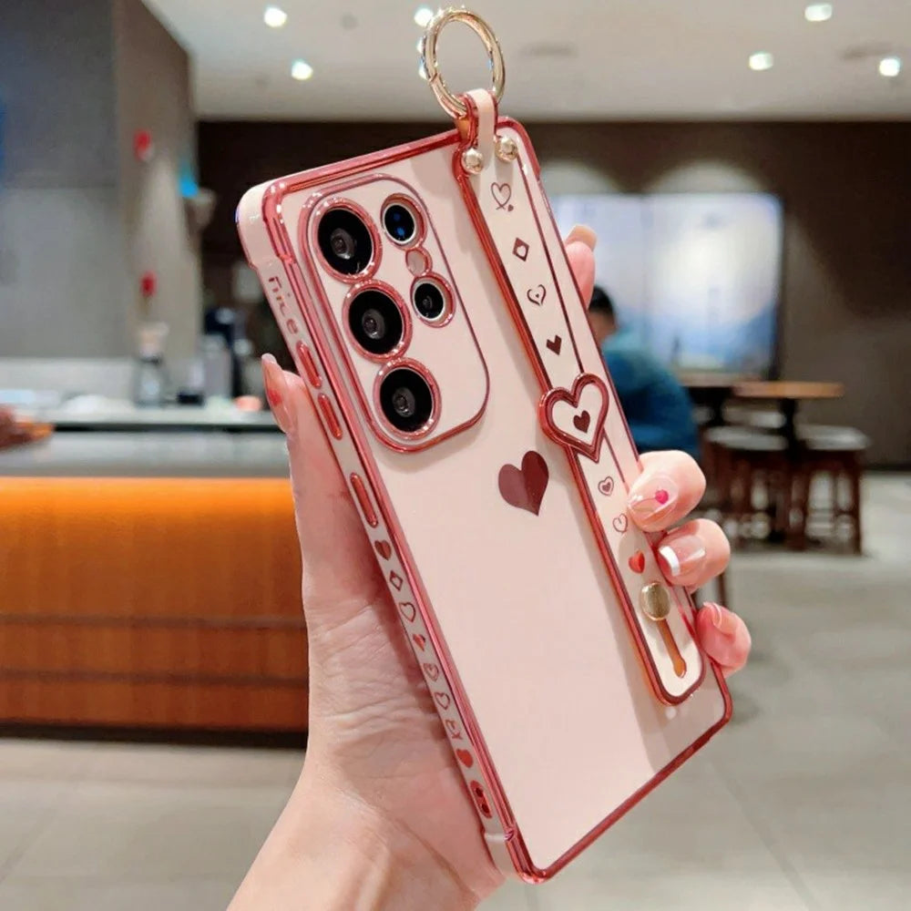 For Samsung Galaxy S26 Ultra Case Wristband Kickstand Electroplated Love Heart TPU Phone Cover Finger Holder - Pink - 2
