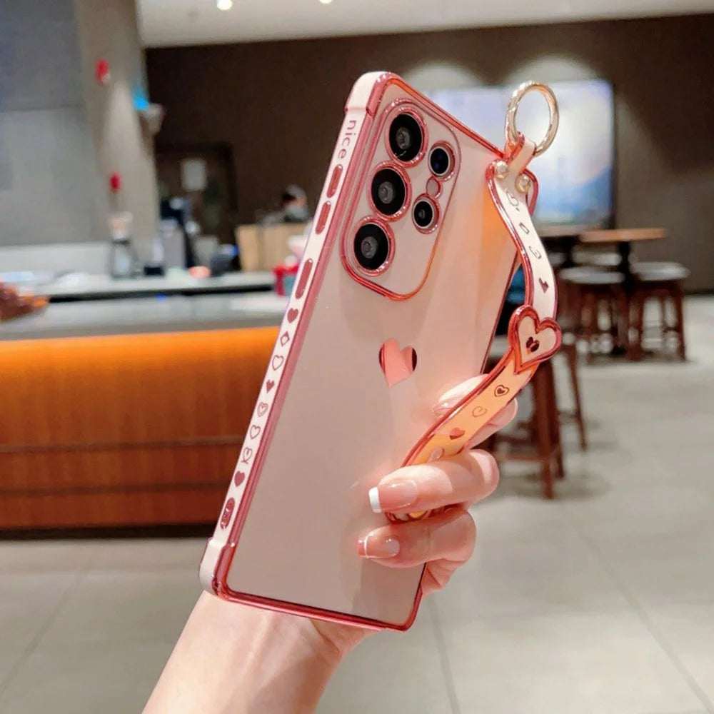 For Samsung Galaxy S26 Ultra Case Wristband Kickstand Electroplated Love Heart TPU Phone Cover Finger Holder - Pink - 3
