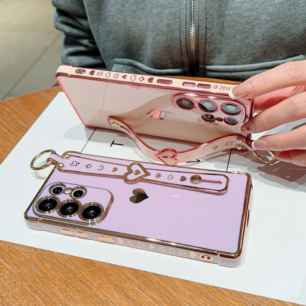 For Samsung Galaxy S26 Ultra Case Wristband Kickstand Electroplated Love Heart TPU Phone Cover Finger Holder - Pink - 4