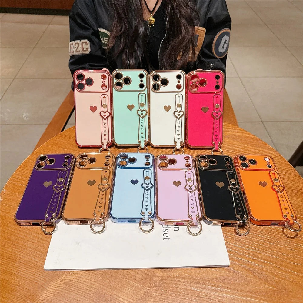 For iPhone  18 Pro / 17  Pro Case Wristband Kickstand Electroplated Love Heart TPU Phone Cover Finger Holder - Orange - 5