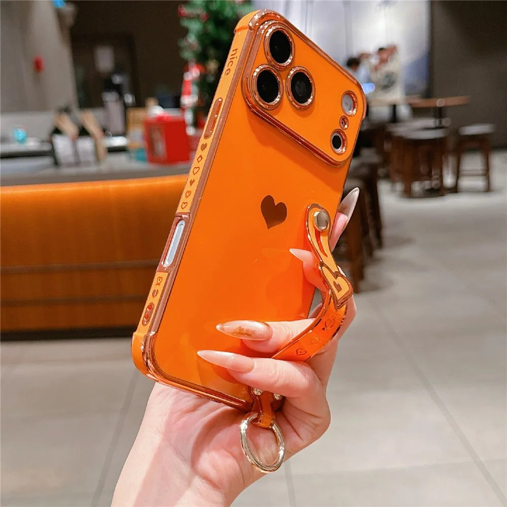 For iPhone 17 Pro Max Case Wristband Kickstand Electroplated Love Heart TPU Phone Cover Finger Holder - Orange - 2