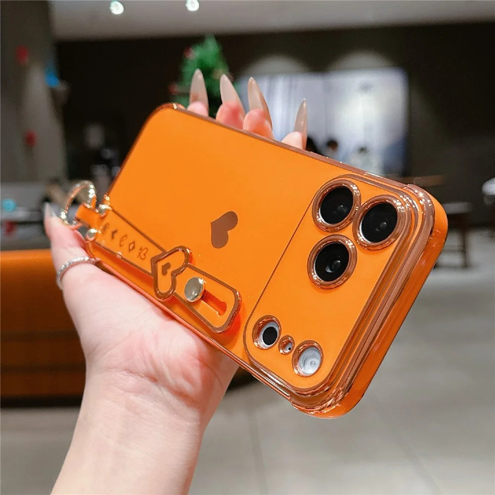 For iPhone 17 Pro Max Case Wristband Kickstand Electroplated Love Heart TPU Phone Cover Finger Holder - Orange - 3