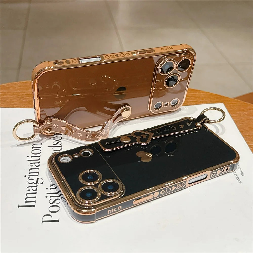 For iPhone 17 Pro Max Case Wristband Kickstand Electroplated Love Heart TPU Phone Cover Finger Holder - Orange - 4