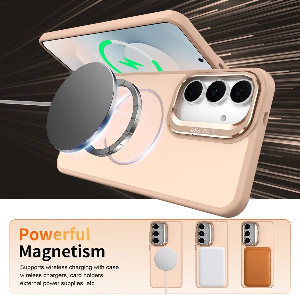 For Samsung Galaxy S25 FE Magnetic Case Skin-touch PC + TPU Phone Cover with Foldable Kickstand - Desert Gold - 4