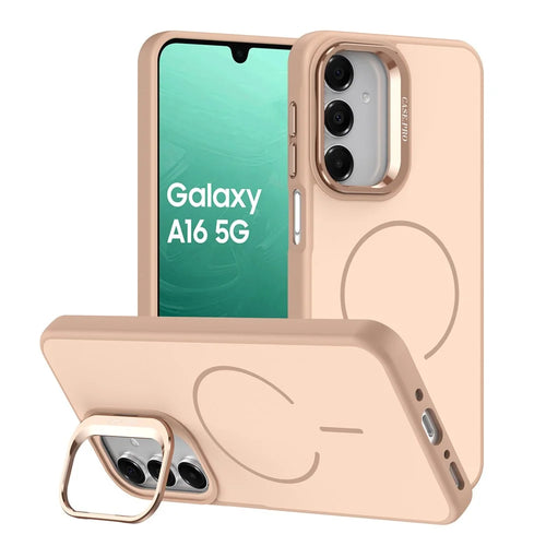 Phone Case For Samsung Galaxy A18 5G / A18 4G / A26 5G / A17 5G / A17 4G / A16 5G / A16 4G Skin-touch PC + TPU Magnetic Cover with Lens Frame Kickstand - Desert Gold - 1