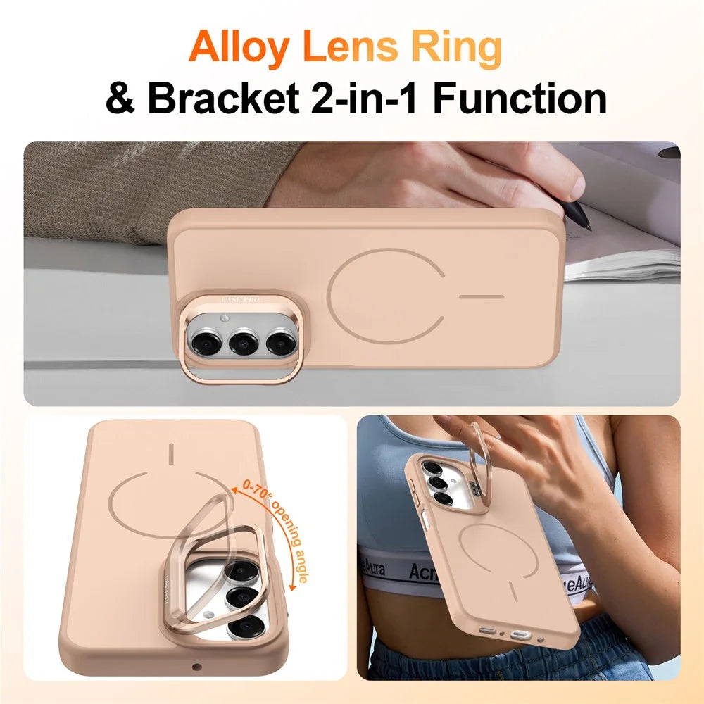 Phone Case For Samsung Galaxy A18 5G / A18 4G / A26 5G / A17 5G / A17 4G / A16 5G / A16 4G Skin-touch PC + TPU Magnetic Cover with Lens Frame Kickstand - Desert Gold - 2