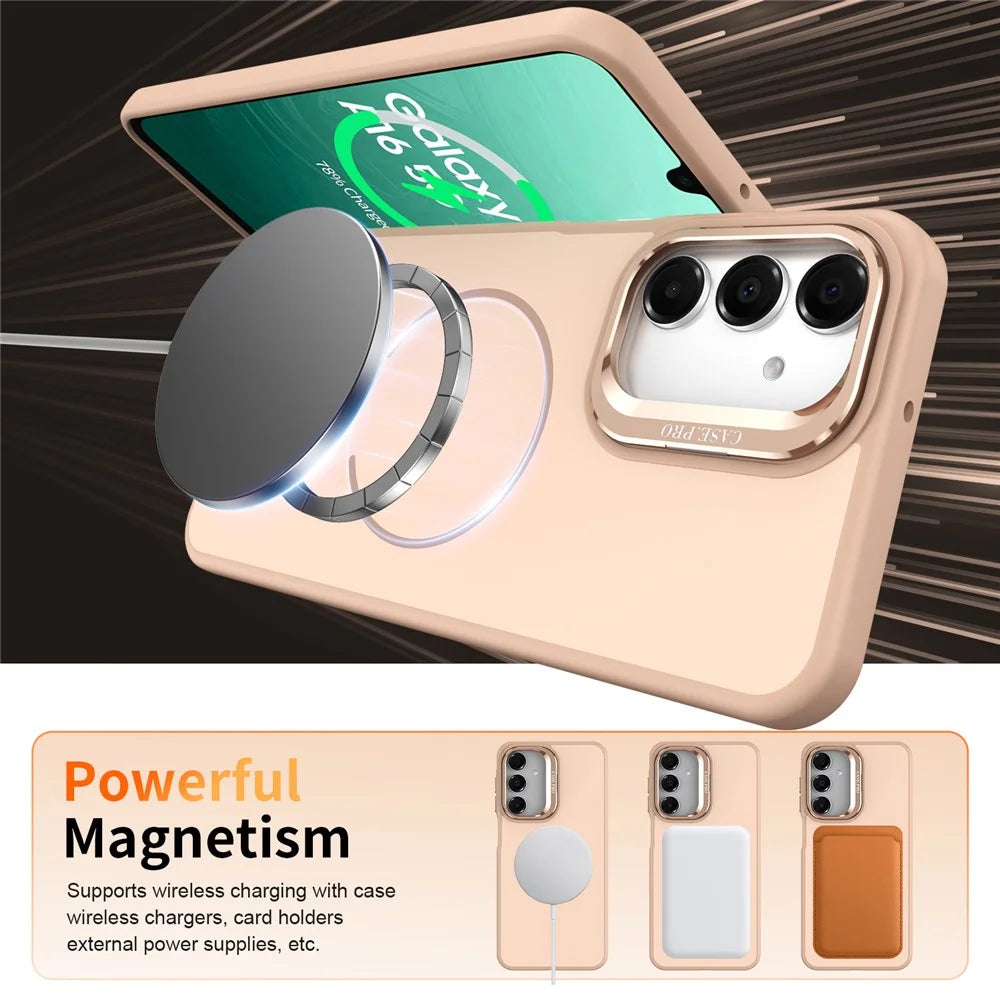 Phone Case For Samsung Galaxy A18 5G / A18 4G / A26 5G / A17 5G / A17 4G / A16 5G / A16 4G Skin-touch PC + TPU Magnetic Cover with Lens Frame Kickstand - Desert Gold - 4