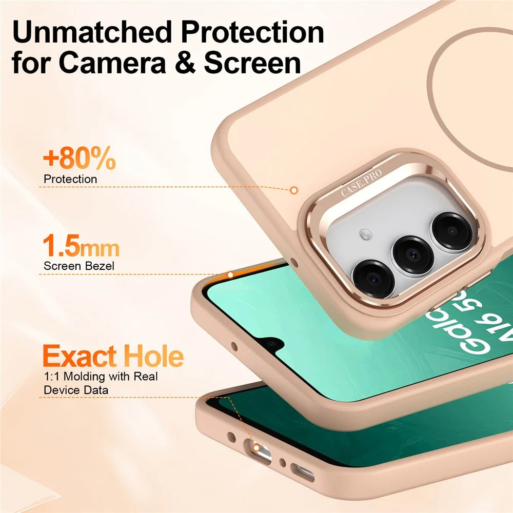 Phone Case For Samsung Galaxy A18 5G / A18 4G / A26 5G / A17 5G / A17 4G / A16 5G / A16 4G Skin-touch PC + TPU Magnetic Cover with Lens Frame Kickstand - Desert Gold - 5
