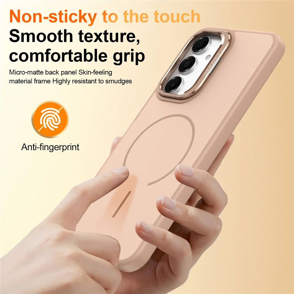 Phone Case For Samsung Galaxy A18 5G / A18 4G / A26 5G / A17 5G / A17 4G / A16 5G / A16 4G Skin-touch PC + TPU Magnetic Cover with Lens Frame Kickstand - Desert Gold - 7