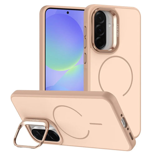For Samsung Galaxy A25 5G (Global) (161mm) Case Skin-touch PC + TPU Magnetic Phone Cover with Lens Frame Kickstand - Desert Gold - 1