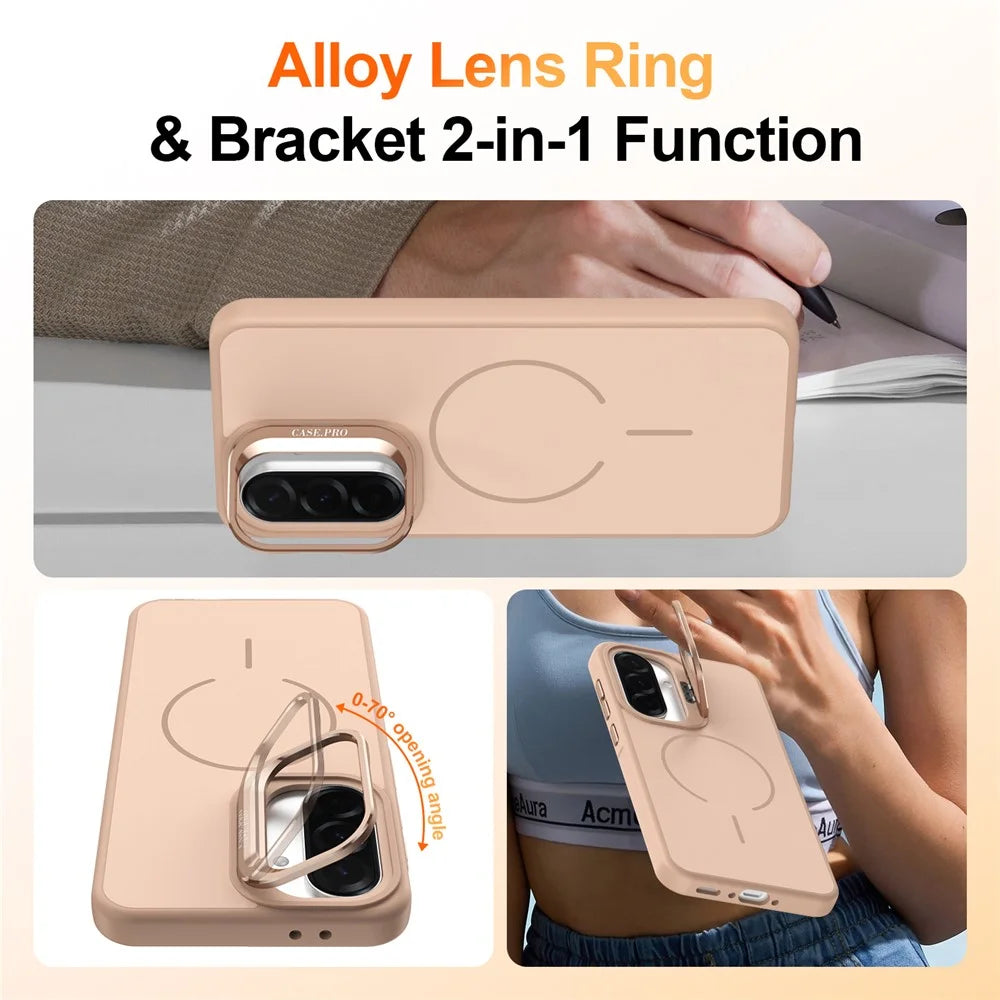 For Samsung Galaxy A25 5G (Global) (161mm) Case Skin-touch PC + TPU Magnetic Phone Cover with Lens Frame Kickstand - Desert Gold - 2