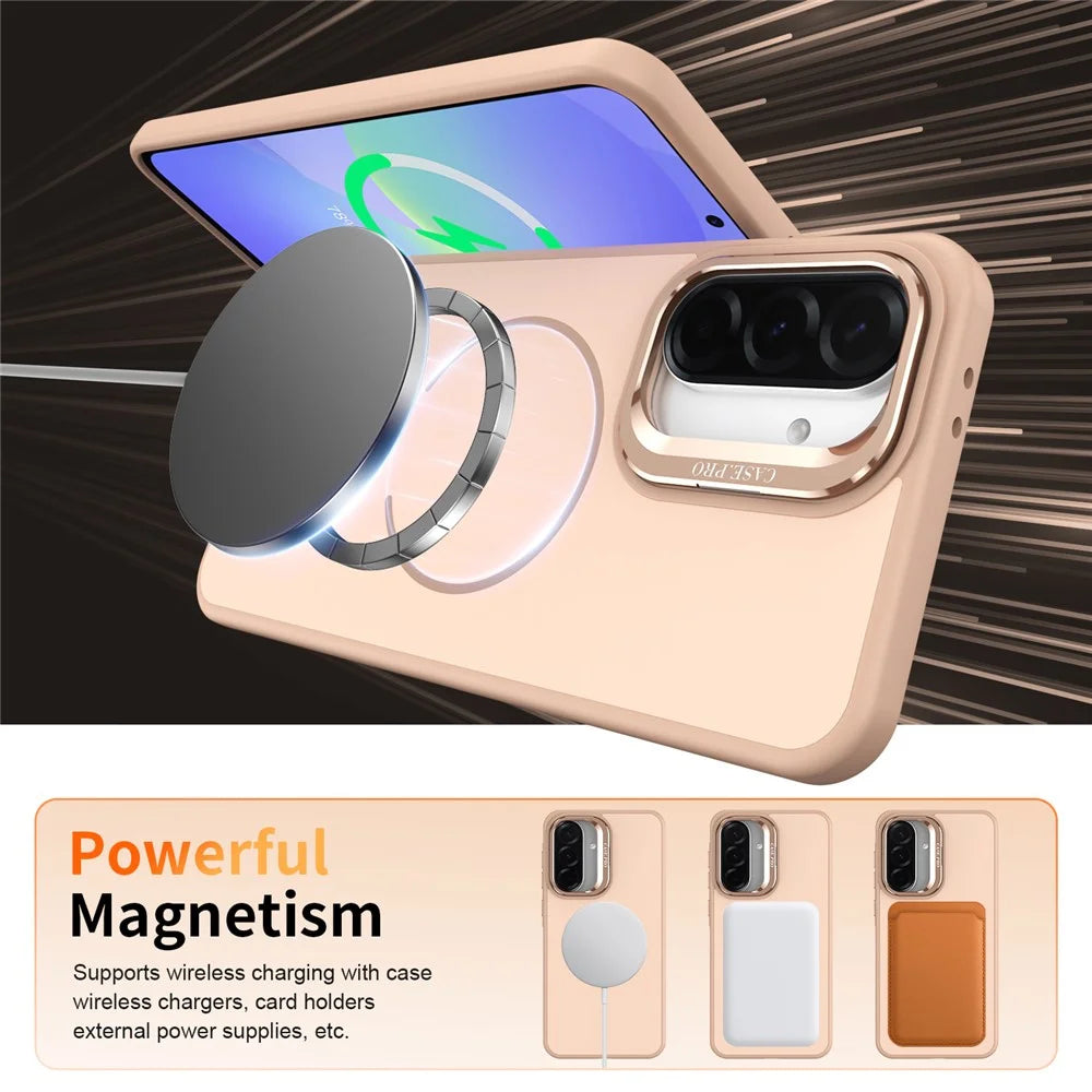 For Samsung Galaxy A25 5G (Global) (161mm) Case Skin-touch PC + TPU Magnetic Phone Cover with Lens Frame Kickstand - Desert Gold - 4