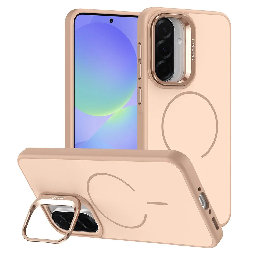 For Samsung Galaxy A35 5G Case Skin-touch PC + TPU Magnetic Phone Cover with Lens Frame Kickstand - Desert Gold - 1