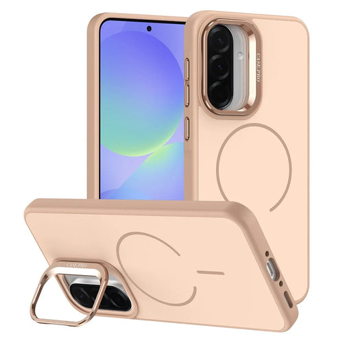 For Samsung Galaxy A15 5G  /  4G Case Skin-touch PC + TPU Magnetic Phone Cover with Lens Frame Kickstand - Desert Gold - 1