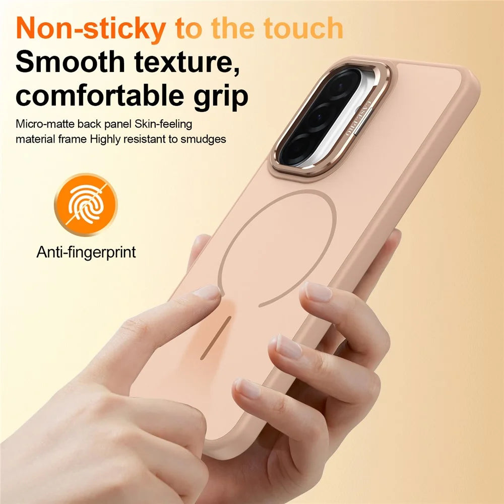 For Samsung Galaxy A15 5G  /  4G Case Skin-touch PC + TPU Magnetic Phone Cover with Lens Frame Kickstand - Desert Gold - 7