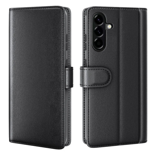 For Samsung Galaxy A57 5G Case Genuine Split Leather Phone Cover with Wallet Stand - Black - 1