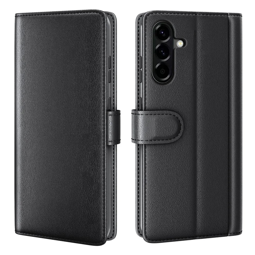 For Samsung Galaxy A57 5G Case Genuine Split Leather Phone Cover with Wallet Stand - Black - 1