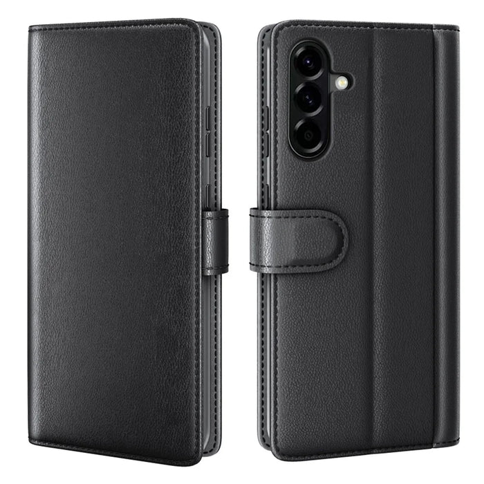 For Samsung Galaxy A57 5G Case Genuine Split Leather Phone Cover with Wallet Stand - Black - 1