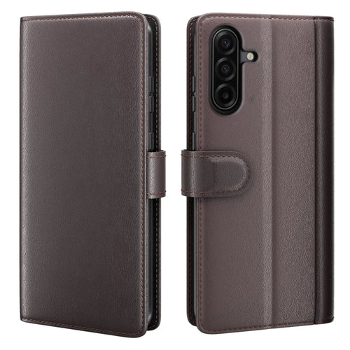 For Samsung Galaxy A37 5G Case Genuine Split Leather Phone Cover with Wallet Stand - Brown - 1