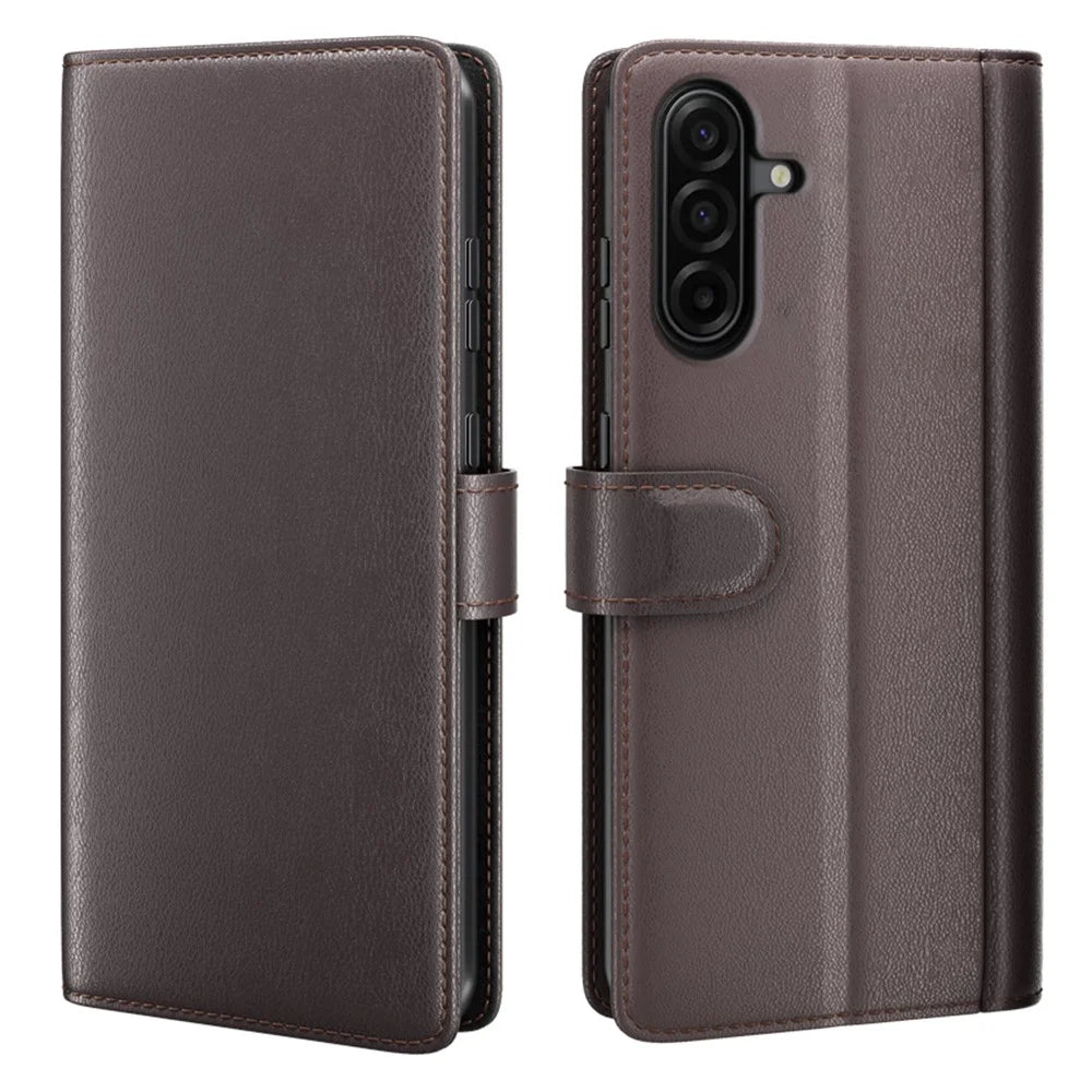 For Samsung Galaxy A37 5G Case Genuine Split Leather Phone Cover with Wallet Stand - Brown - 1