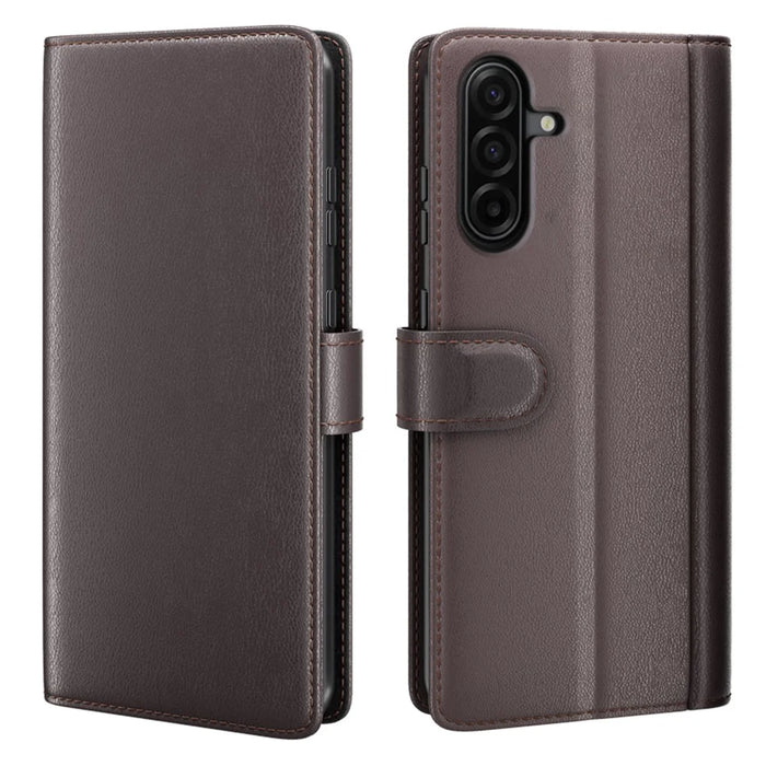 For Samsung Galaxy A37 5G Case Genuine Split Leather Phone Cover with Wallet Stand - Brown - 1