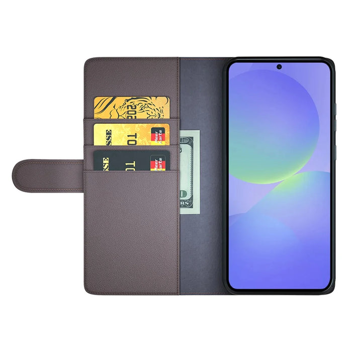 For Samsung Galaxy A37 5G Case Genuine Split Leather Phone Cover with Wallet Stand - Brown - 2