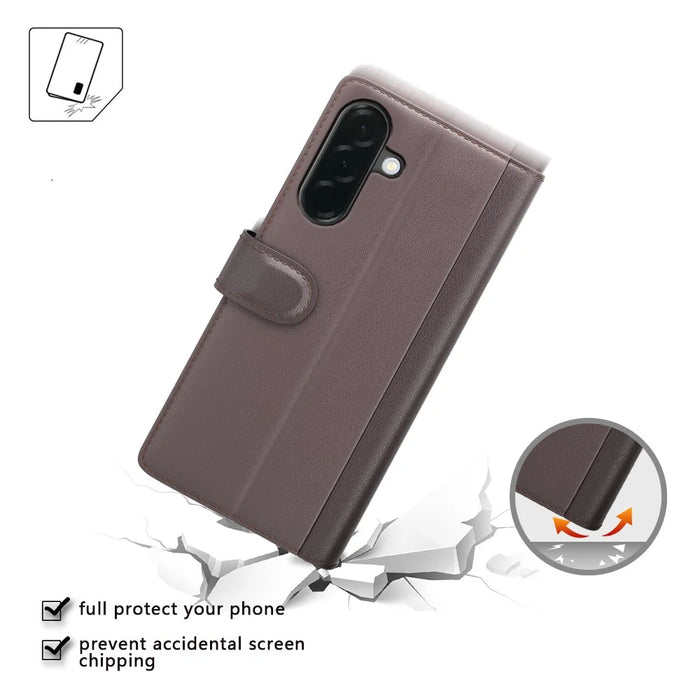 For Samsung Galaxy A37 5G Case Genuine Split Leather Phone Cover with Wallet Stand - Brown - 5