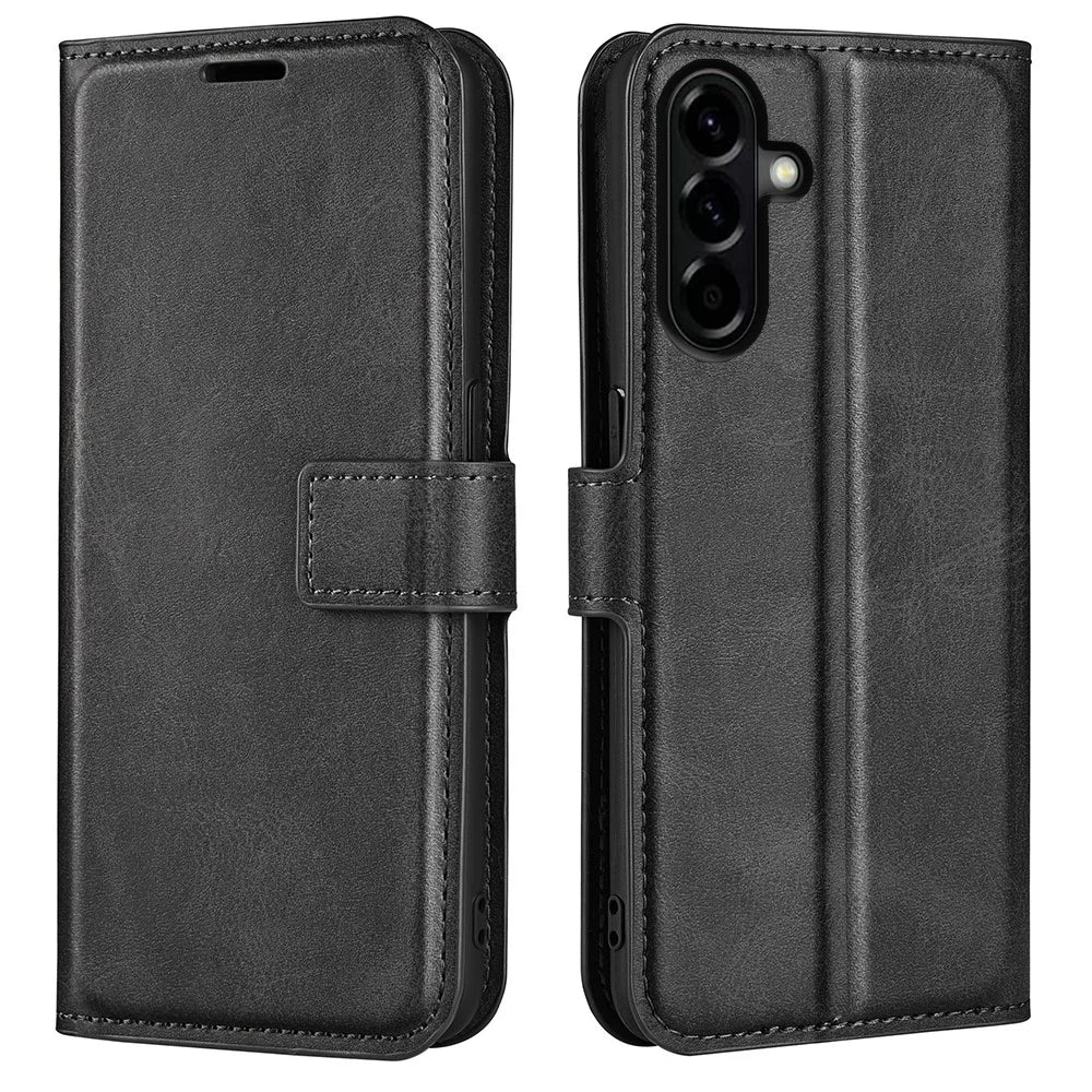 For Samsung Galaxy A57 5G Stand Case Anti-Scratch Calf Texture Leather Phone Cover - Black - 1
