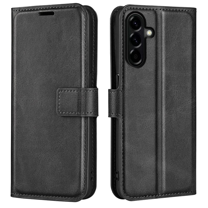 For Samsung Galaxy A57 5G Stand Case Anti-Scratch Calf Texture Leather Phone Cover - Black - 1