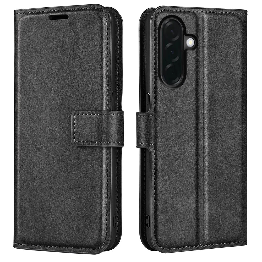 For Samsung Galaxy A37 5G Stand Case Anti-Scratch Calf Texture Leather Phone Cover - Black - 1