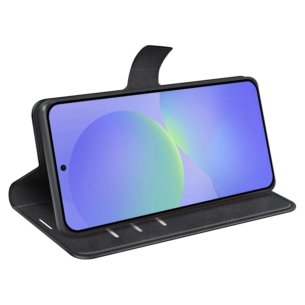 For Samsung Galaxy A37 5G Stand Case Anti-Scratch Calf Texture Leather Phone Cover - Black - 3