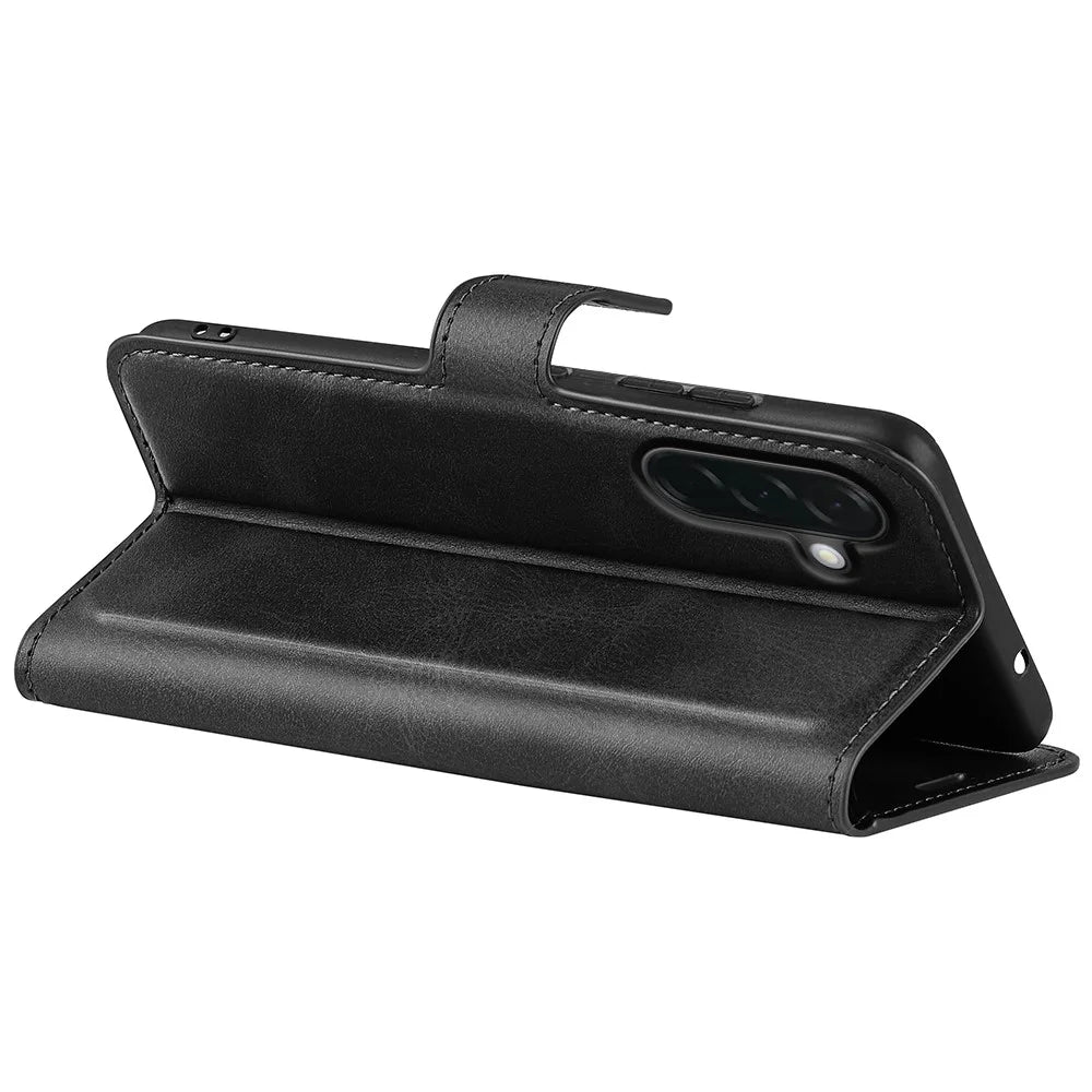 For Samsung Galaxy A37 5G Stand Case Anti-Scratch Calf Texture Leather Phone Cover - Black - 4