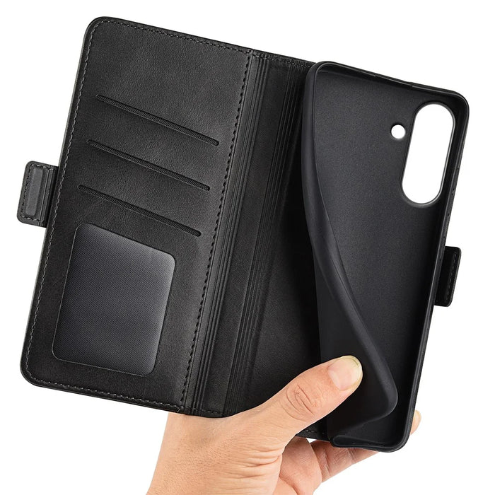 For Samsung Galaxy A37 5G Case Calf Texture Leather Wallet Phone Cover - Black - 5
