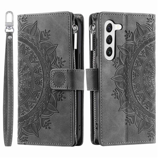 For Samsung Galaxy S23 Zipper Pocket Phone Case Mandala Flower Imprinted PU Leather Stand Cover Multiple Card Slots Wallet - Grey - 1