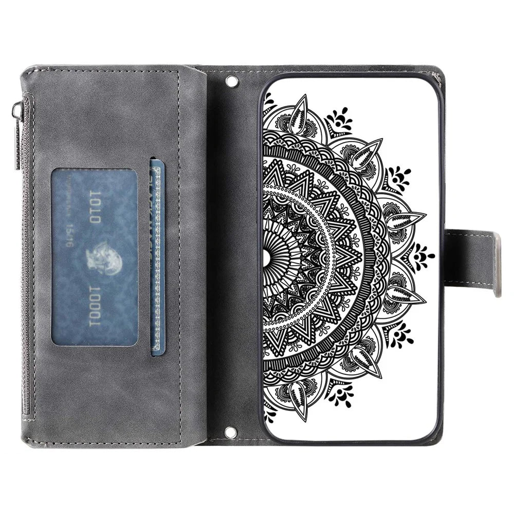 For Samsung Galaxy S23 Zipper Pocket Phone Case Mandala Flower Imprinted PU Leather Stand Cover Multiple Card Slots Wallet - Grey - 2