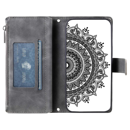 For Samsung Galaxy S23 Zipper Pocket Phone Case Mandala Flower Imprinted PU Leather Stand Cover Multiple Card Slots Wallet - Grey - 2