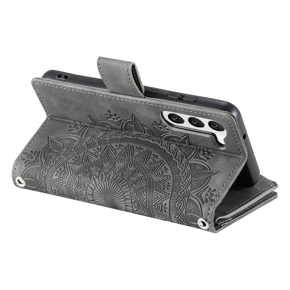 For Samsung Galaxy S23 Zipper Pocket Phone Case Mandala Flower Imprinted PU Leather Stand Cover Multiple Card Slots Wallet - Grey - 3