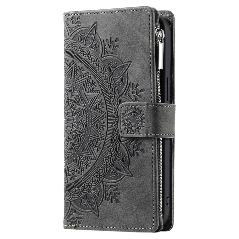 For Samsung Galaxy S23 Zipper Pocket Phone Case Mandala Flower Imprinted PU Leather Stand Cover Multiple Card Slots Wallet - Grey - 6