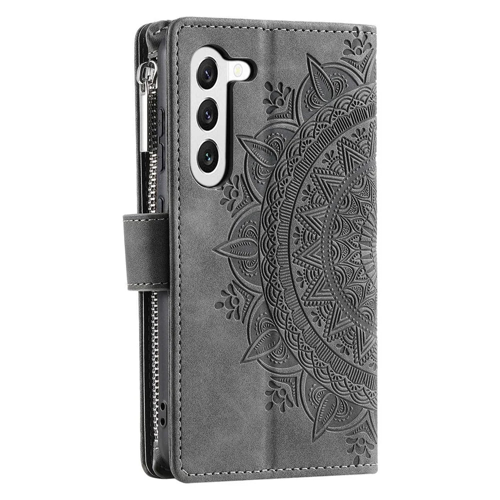 For Samsung Galaxy S23 Zipper Pocket Phone Case Mandala Flower Imprinted PU Leather Stand Cover Multiple Card Slots Wallet - Grey - 7