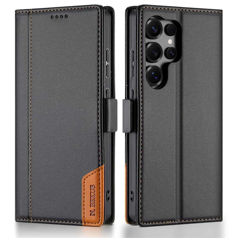 N.BEKUS P3 For Samsung Galaxy S26 Ultra Case RFID Blocking Wallet Stand PU Leather Flip Phone Cover - Black - 1
