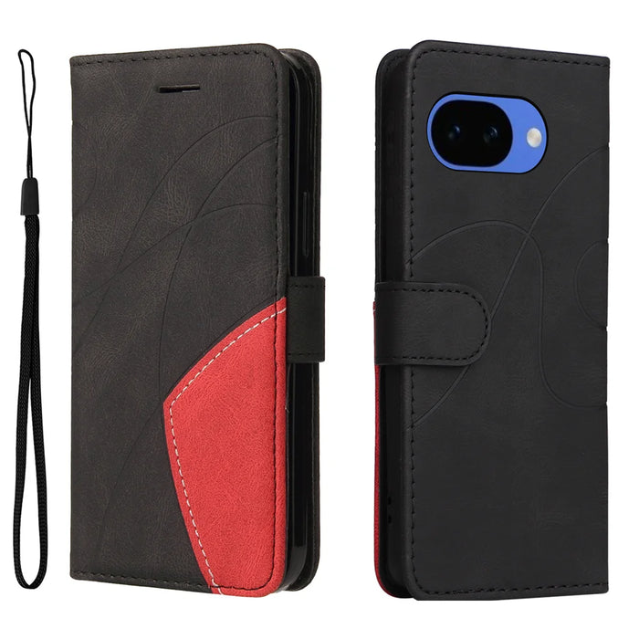 For Google Pixel 10a Leather Phone Case Stand Wallet with Bi-colour Splicing Design - Black - 1