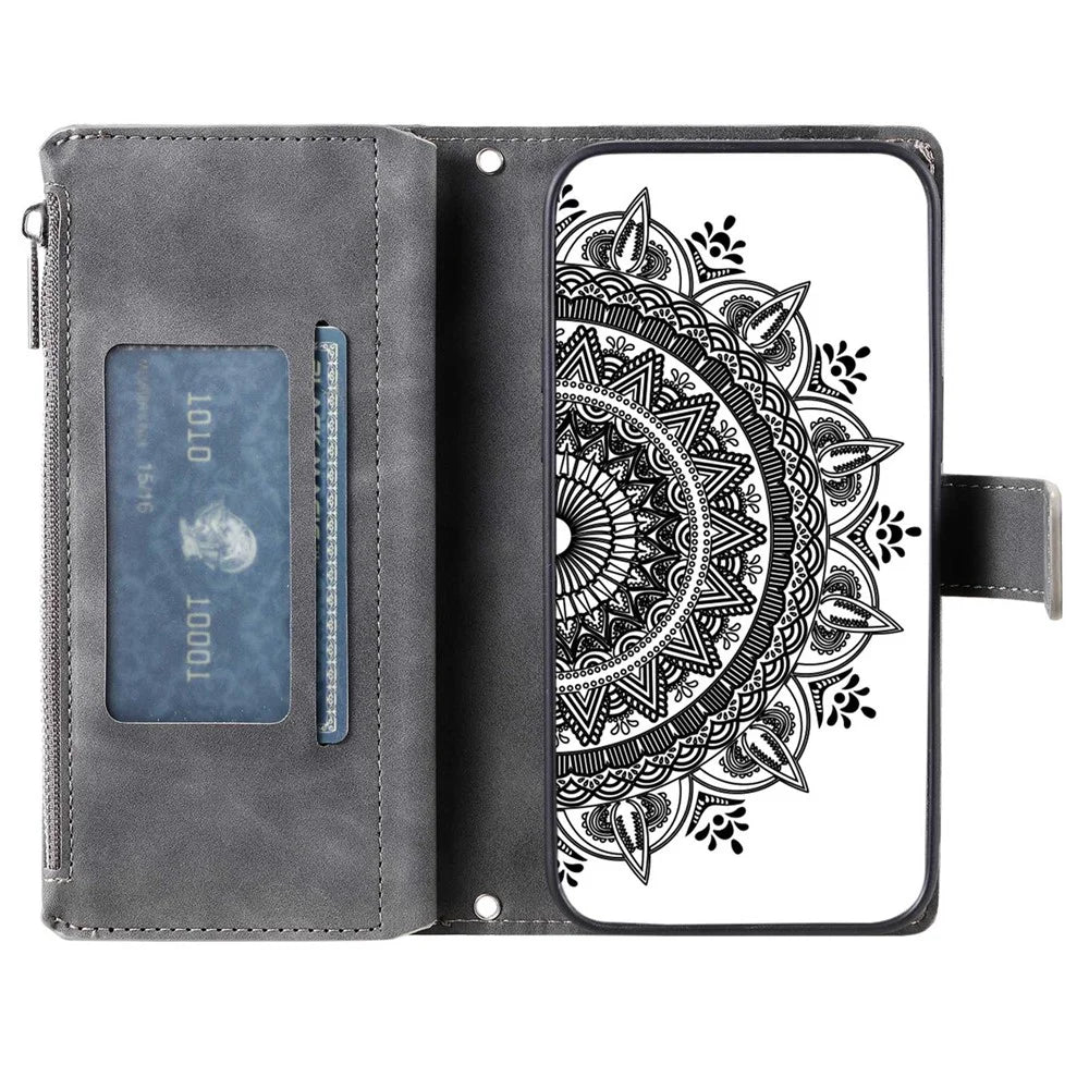 Zipper Pocket Phone Case for Samsung Galaxy S23+, Mandala Flower Imprinted PU Leather Stand Cover Multiple Card Slots Wallet - Grey - 2
