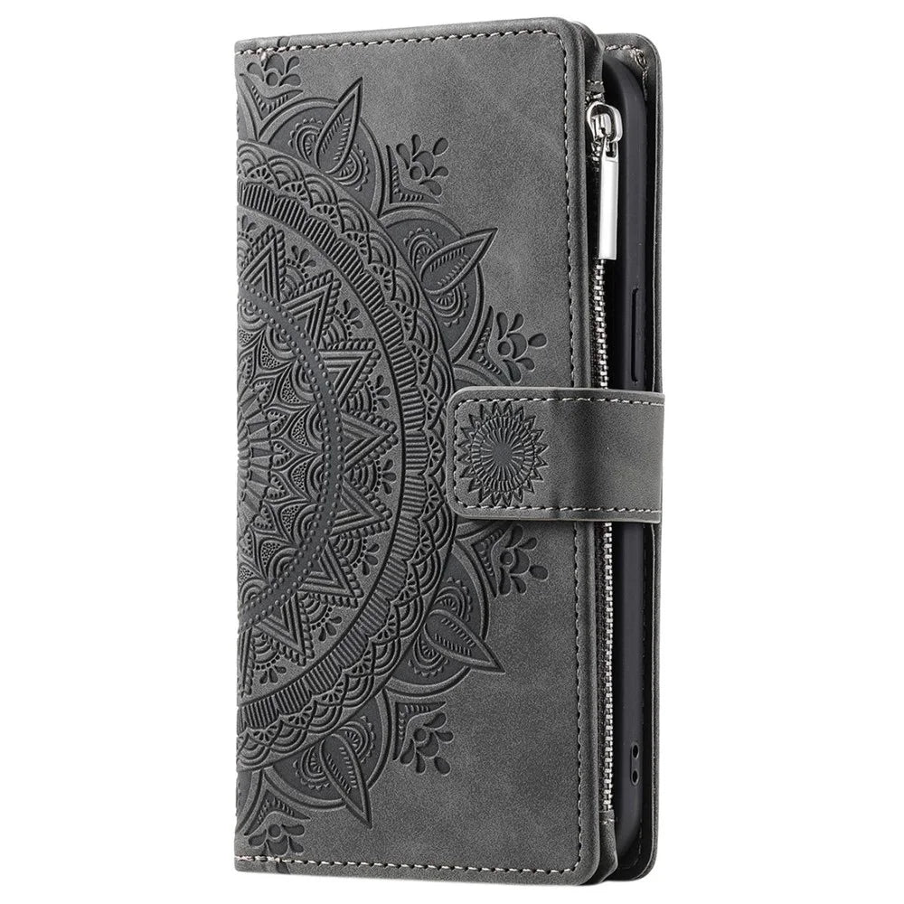 Zipper Pocket Phone Case for Samsung Galaxy S23+, Mandala Flower Imprinted PU Leather Stand Cover Multiple Card Slots Wallet - Grey - 6