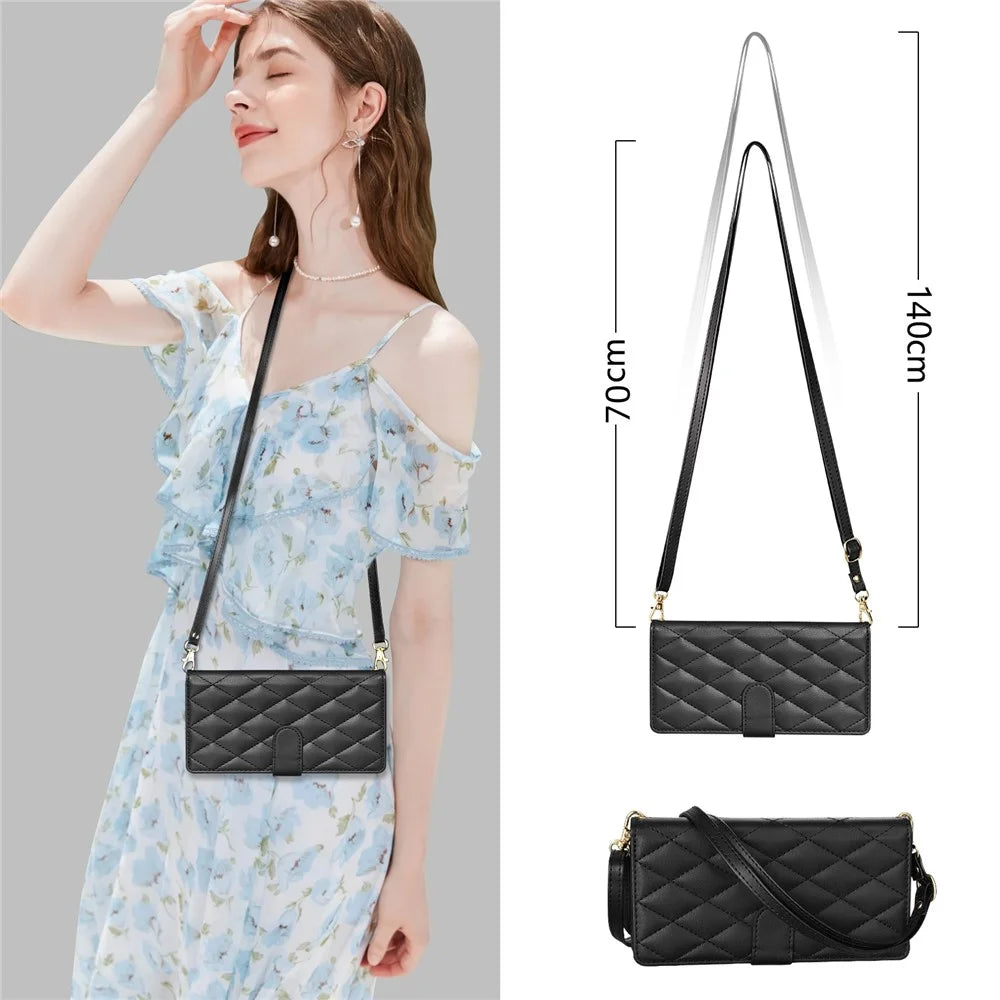 For Samsung Galaxy S26 Case Rhombus Stitching Leather Wallet Phone Cover with Long   /   Short Strap - Black - 6
