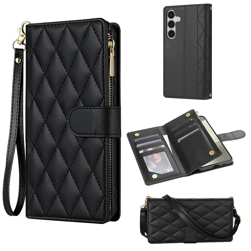 For Samsung Galaxy S26+ Case Rhombus Stitching Leather Wallet Phone Cover with Long   /   Short Strap - Black - 1