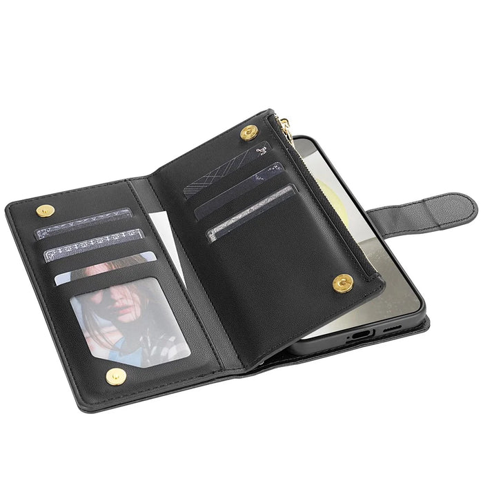 For Samsung Galaxy S26+ Case Rhombus Stitching Leather Wallet Phone Cover with Long   /   Short Strap - Black - 3